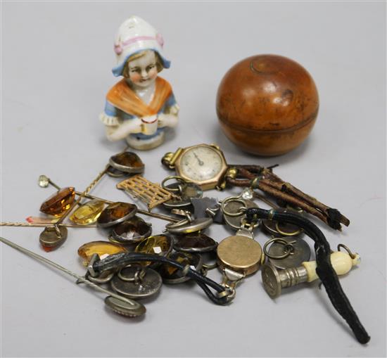 A small group of curios including treen box and half doll